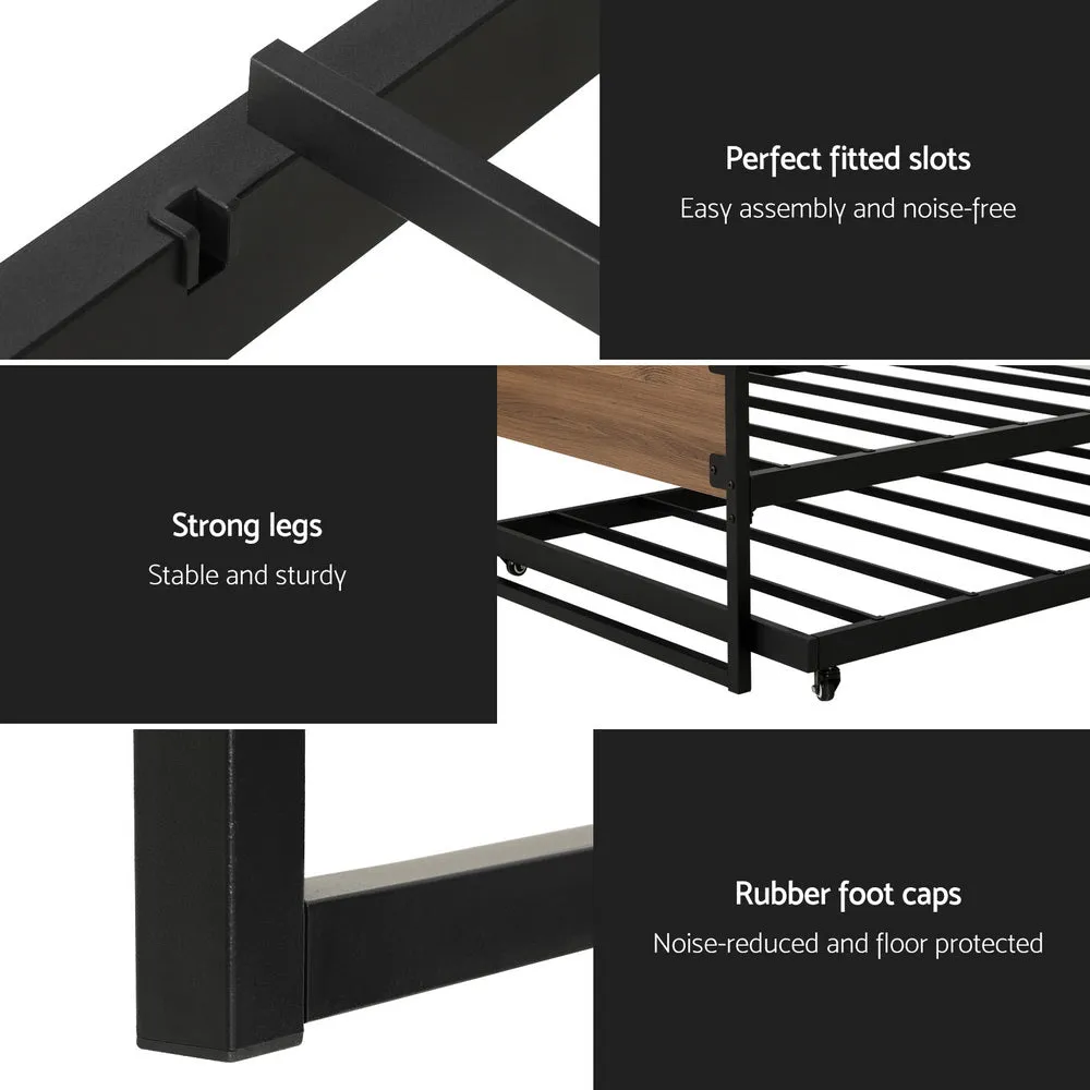 Artiss Bed Frame Metal Bed Base with Trundle Daybed Wooden Headboard Single DEAN