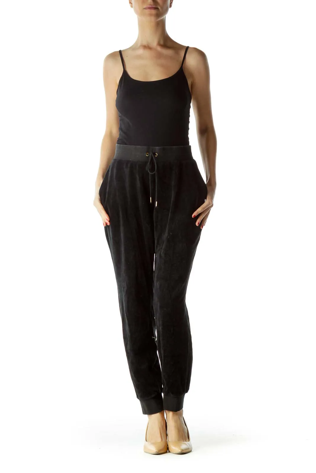 Black Drawstring Fleece Cropped Pants