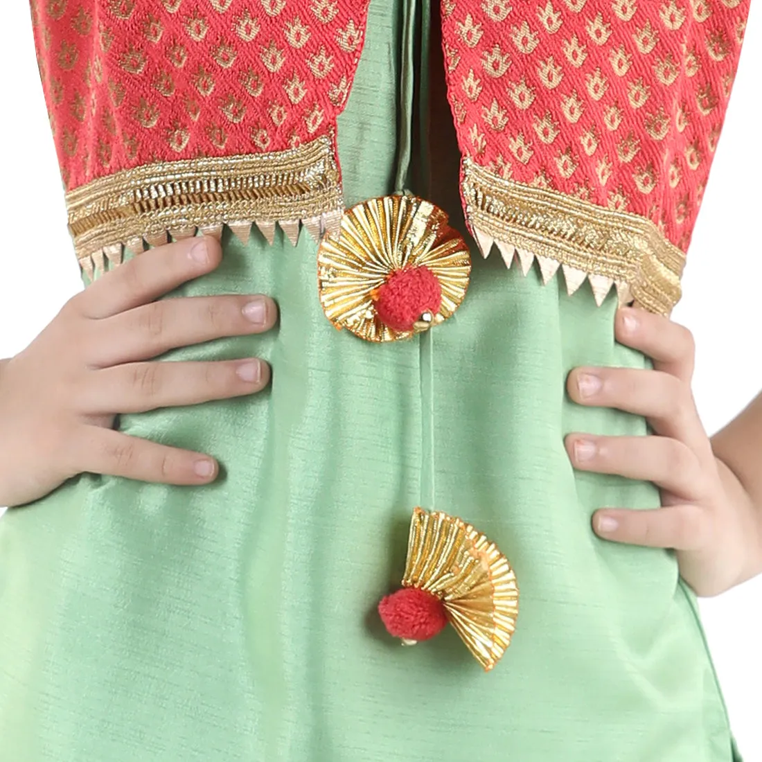 BownBee Jacquard Jacket Silk Kurti Salwar Suit for Girls- Green