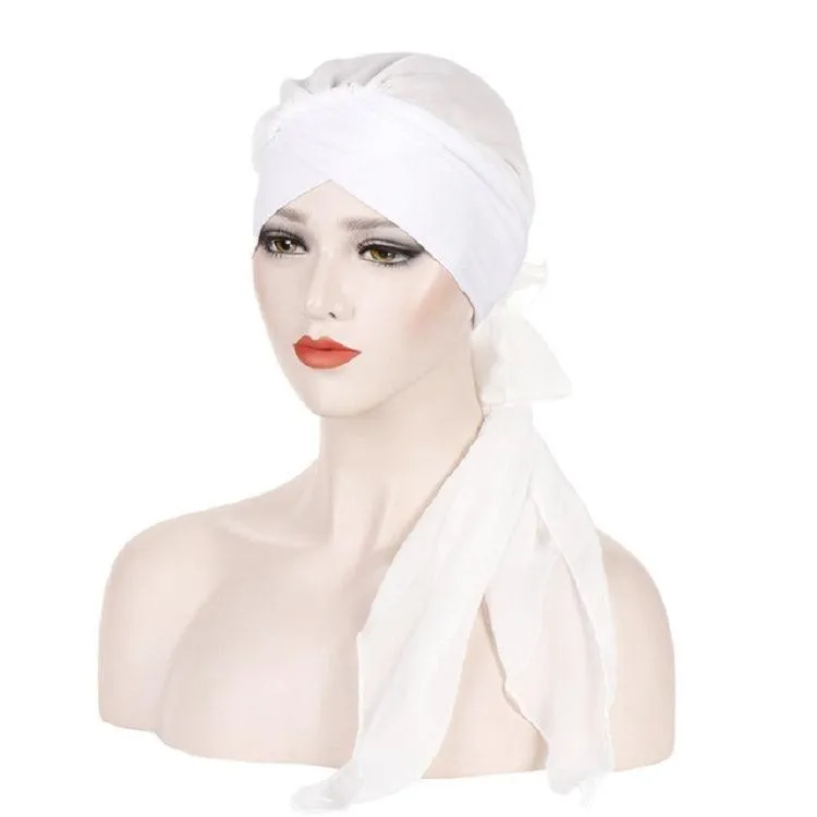 Chic Chiffon Long Tail Turban Hat for Women with Forehead Cross Design