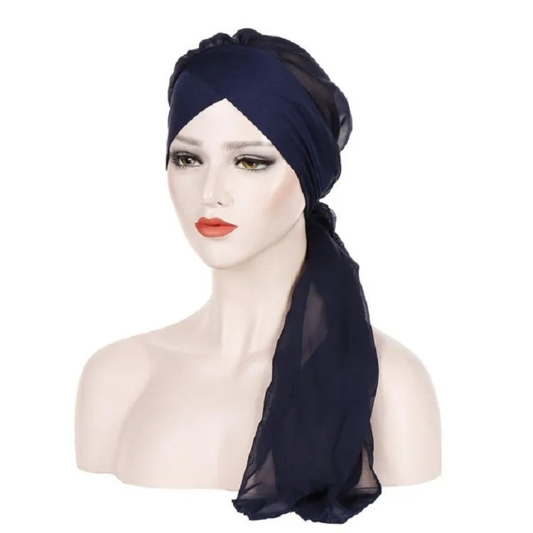 Chic Chiffon Long Tail Turban Hat for Women with Forehead Cross Design