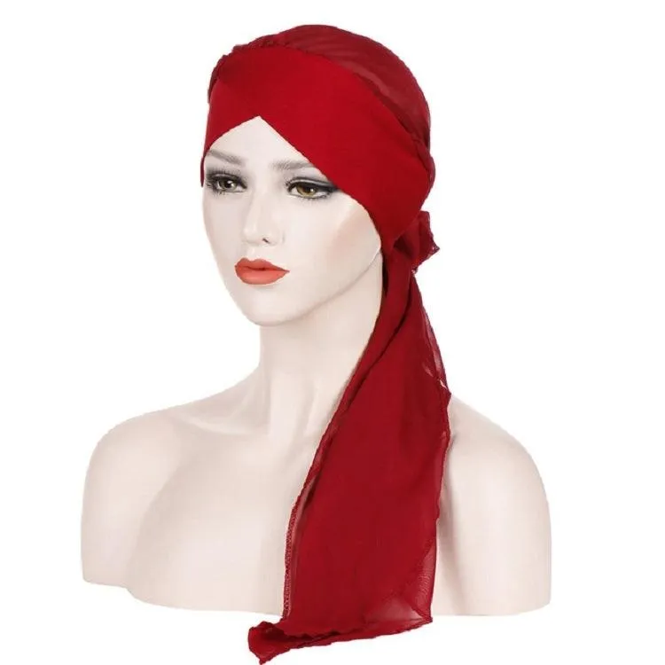 Chic Chiffon Long Tail Turban Hat for Women with Forehead Cross Design