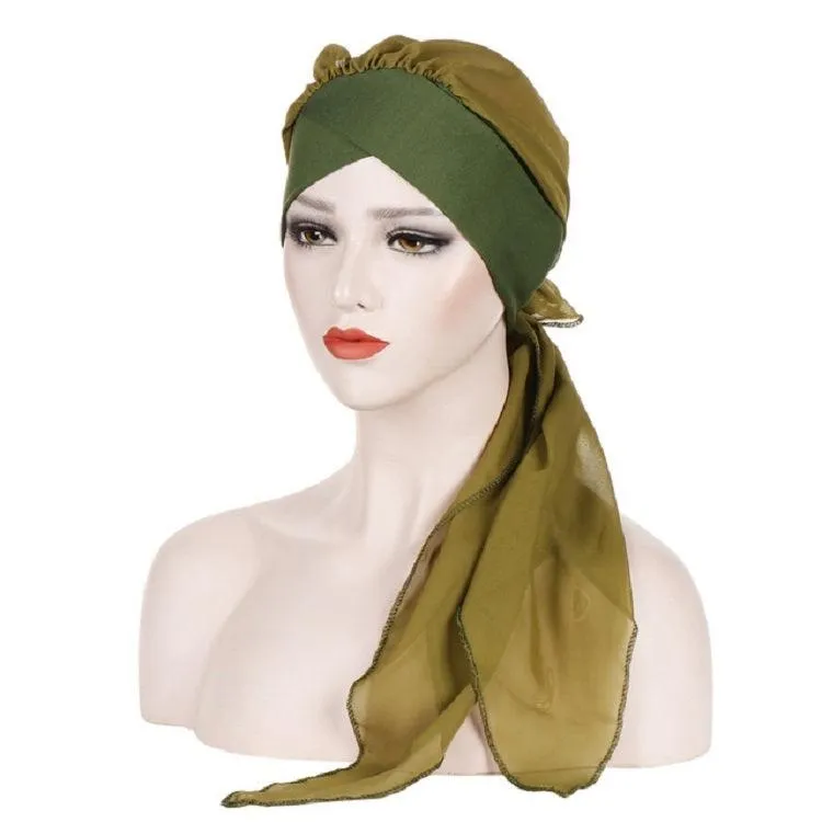 Chic Chiffon Long Tail Turban Hat for Women with Forehead Cross Design