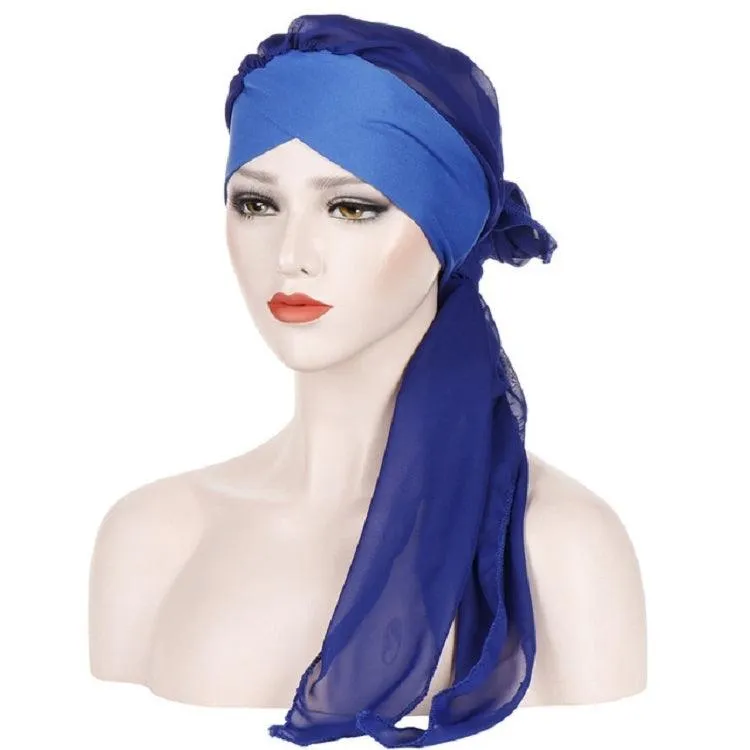 Chic Chiffon Long Tail Turban Hat for Women with Forehead Cross Design