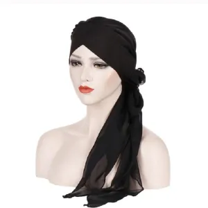 Chic Chiffon Long Tail Turban Hat for Women with Forehead Cross Design