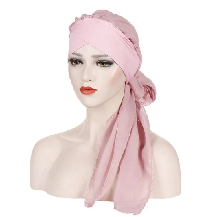 Chic Chiffon Long Tail Turban Hat for Women with Forehead Cross Design