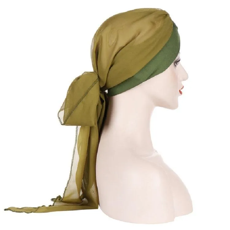 Chic Chiffon Long Tail Turban Hat for Women with Forehead Cross Design