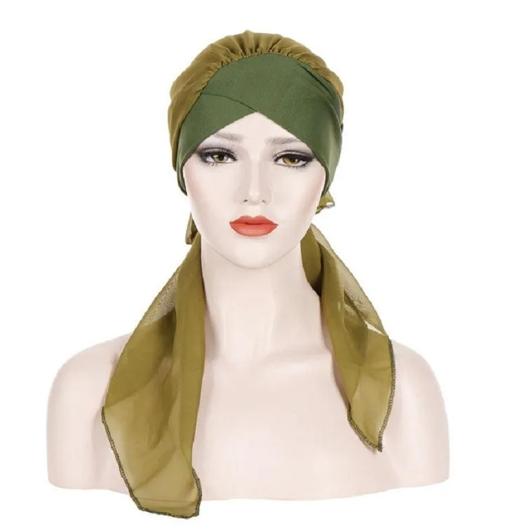 Chic Chiffon Long Tail Turban Hat for Women with Forehead Cross Design