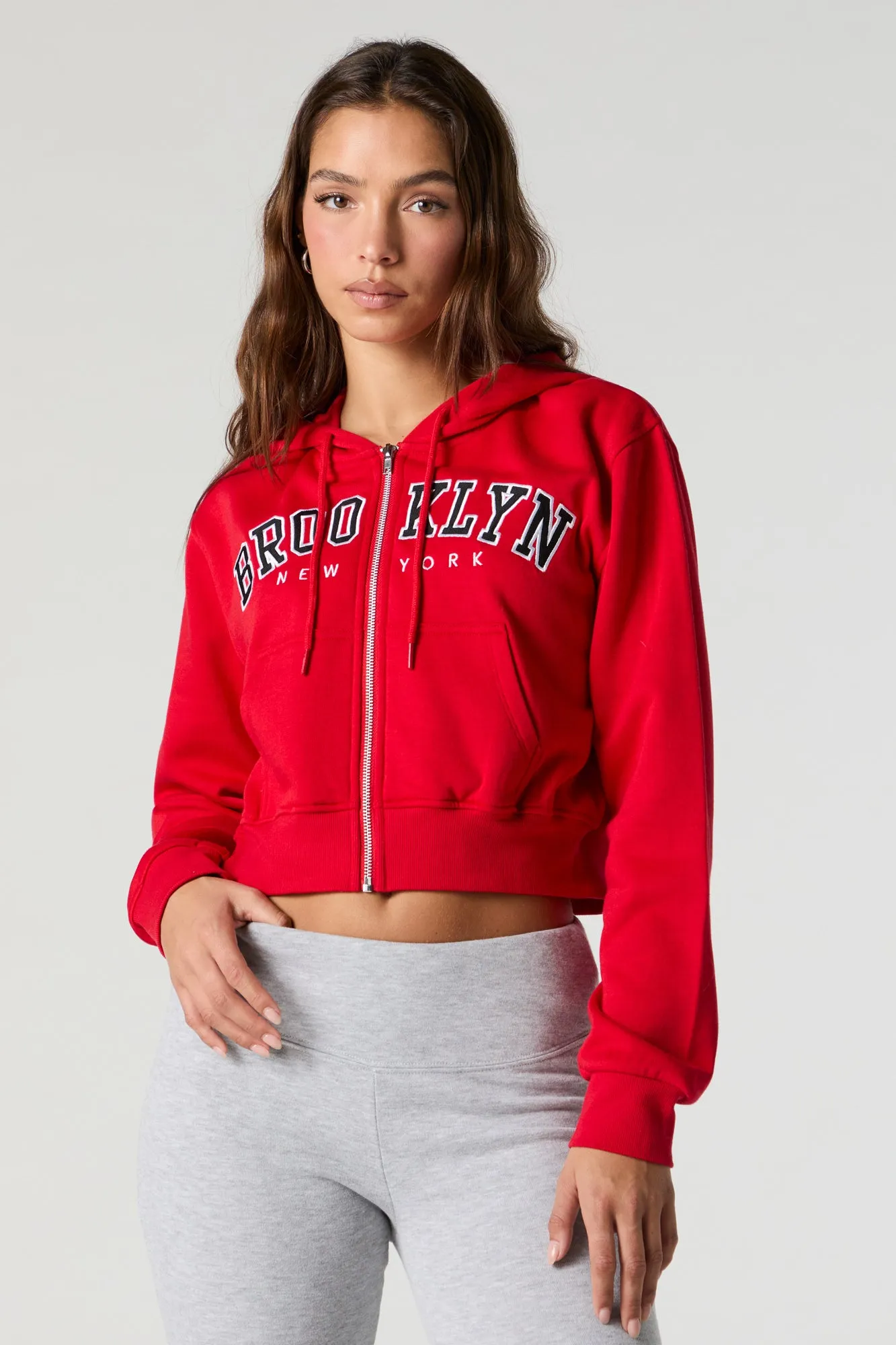 Destination Embroidered Zip-Up Cropped Hoodie