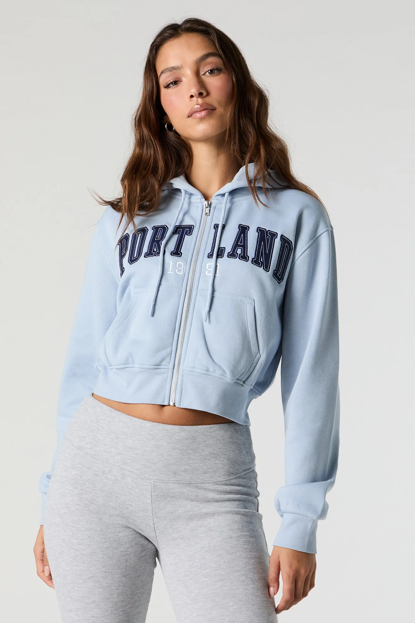 Destination Embroidered Zip-Up Cropped Hoodie