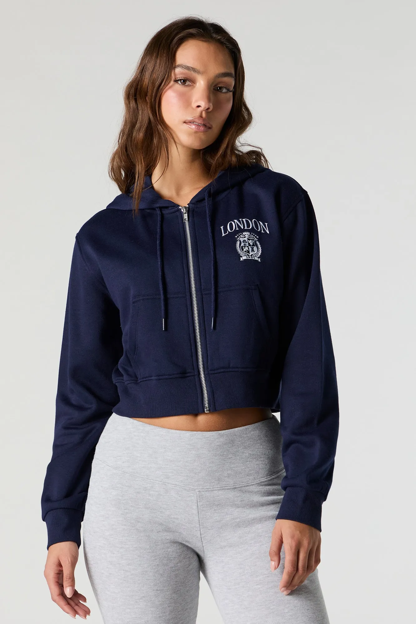 Destination Embroidered Zip-Up Cropped Hoodie