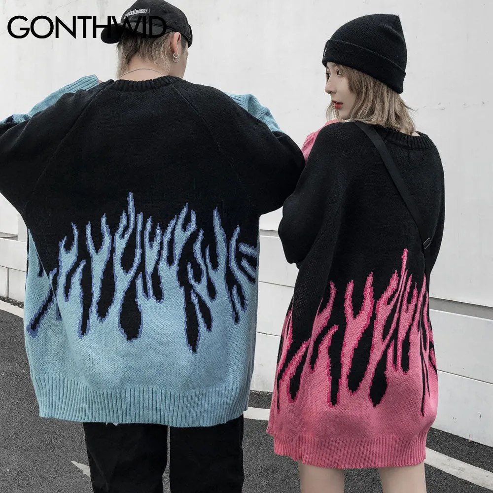 Flaming Fire Hip Hop Knit Sweaters