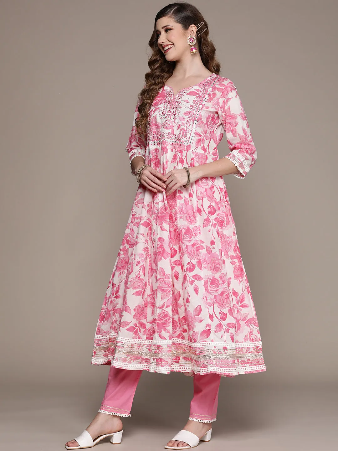 Ishin Women's Pink Yoke Design Anarkali Kurta with Trouser & Dupatta