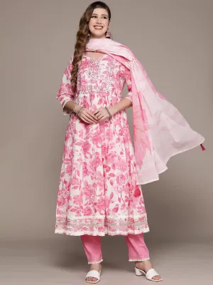 Ishin Women's Pink Yoke Design Anarkali Kurta with Trouser & Dupatta