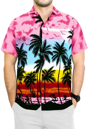 LA LEELA Hawaiian Shirt for Men Short Sleeve Front-Pocket Beach Palm Tree pink