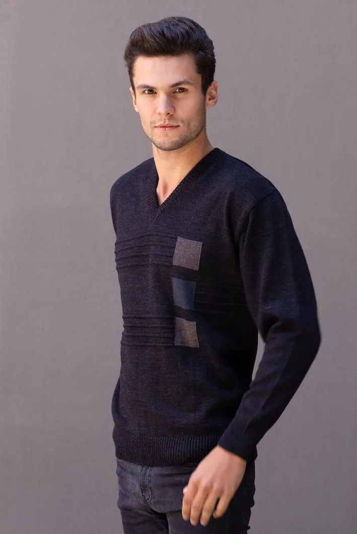 Men's V Neck Pullover With Square Pattern