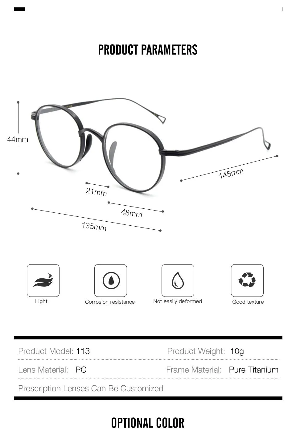 Muzz Men's Full Rim Round Brushed Titanium Frame Eyeglasses 10518T