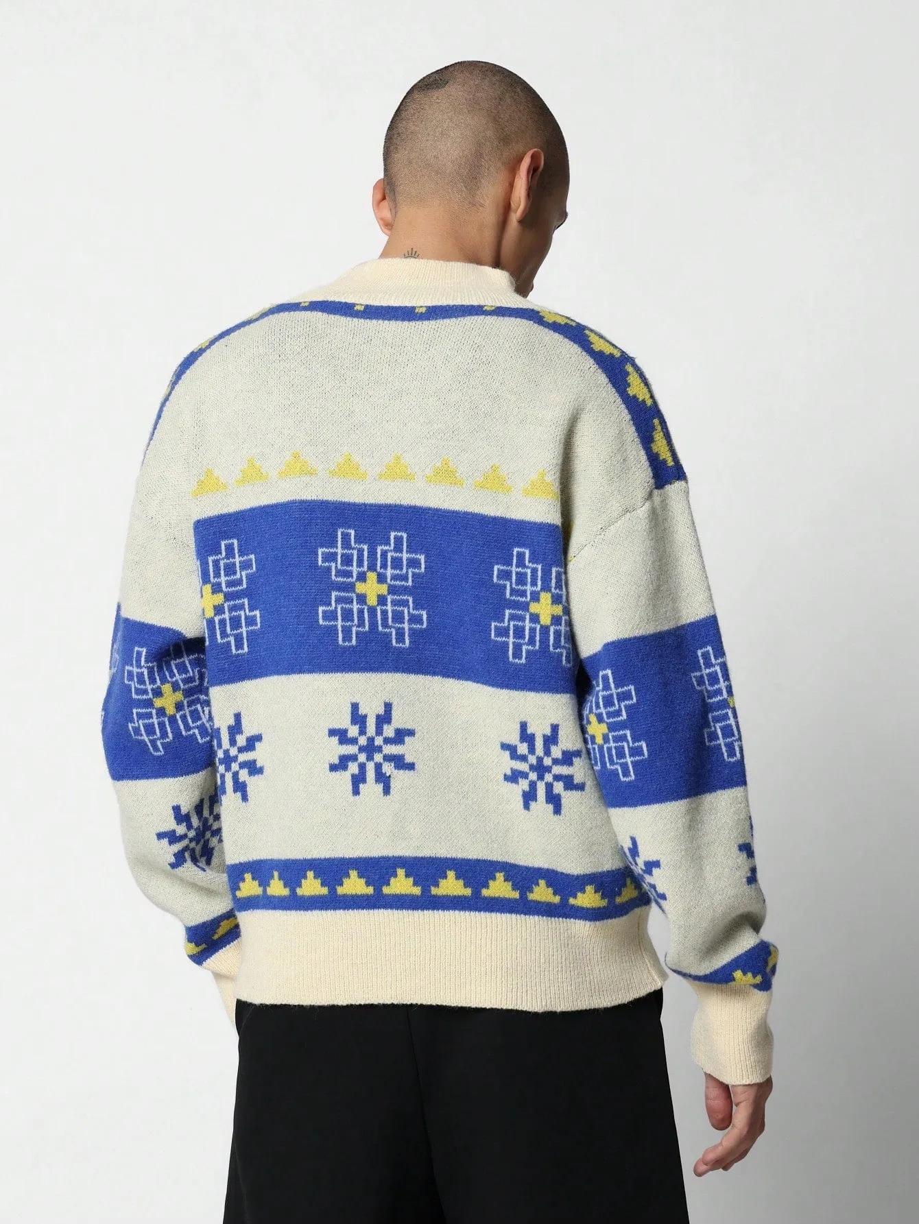 Regular Fit Christmas Printed Knit Funnel Neck Sweater