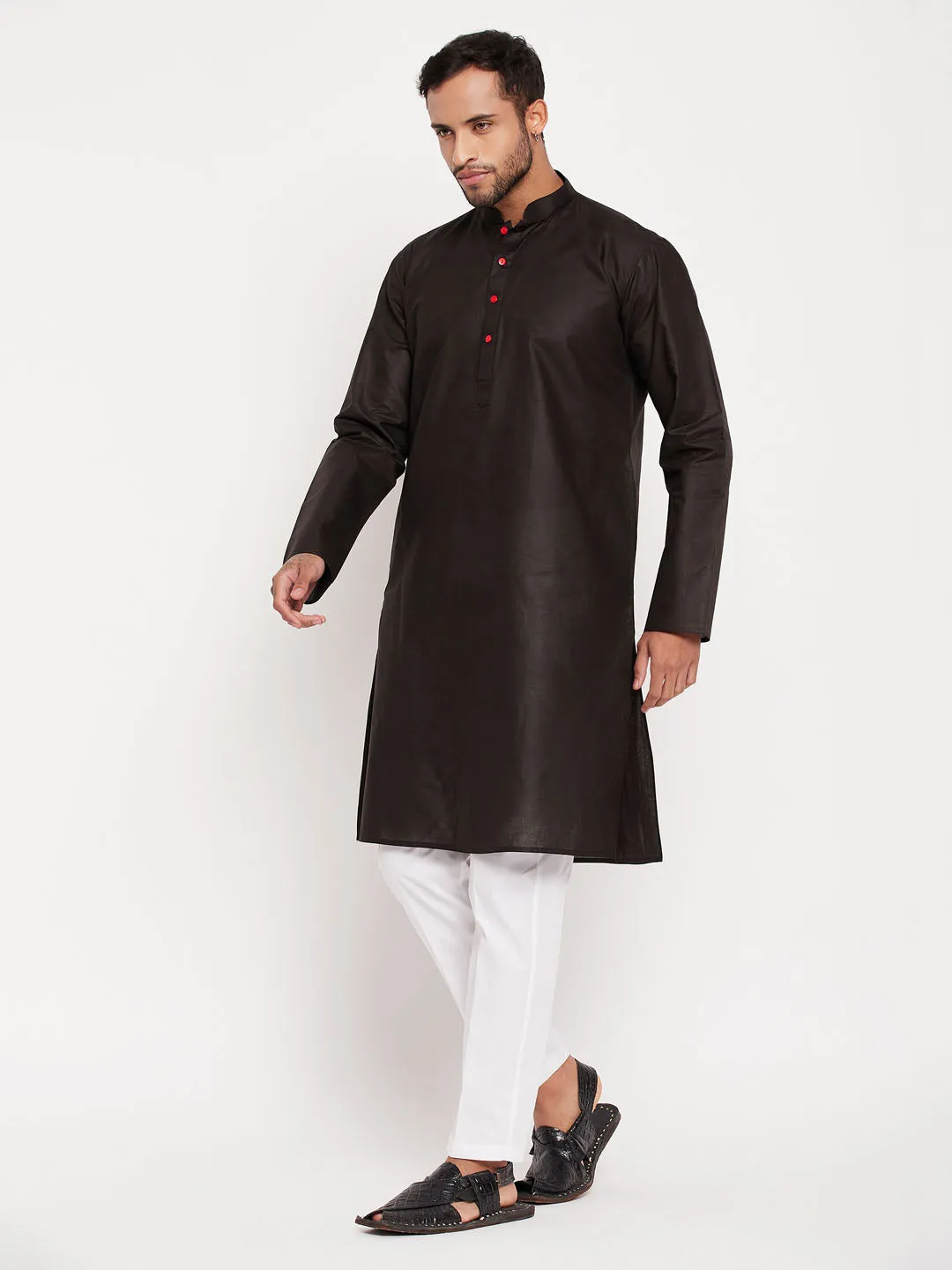 VASTRAMAY Men's Black Kurta and White Pyjama