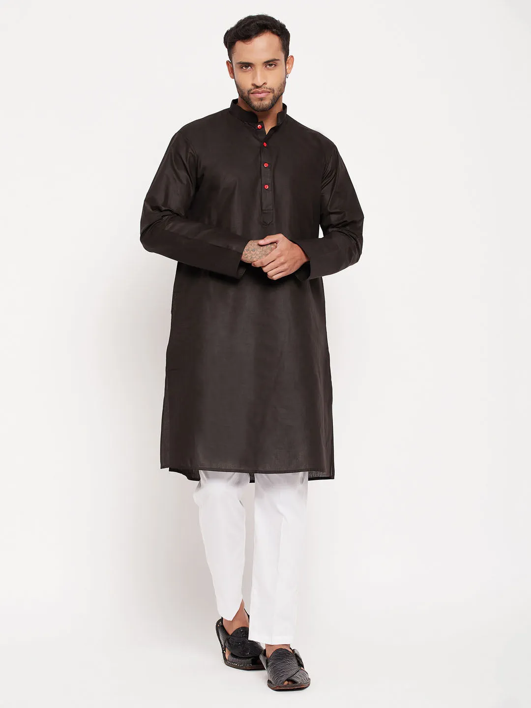 VASTRAMAY Men's Black Kurta and White Pyjama