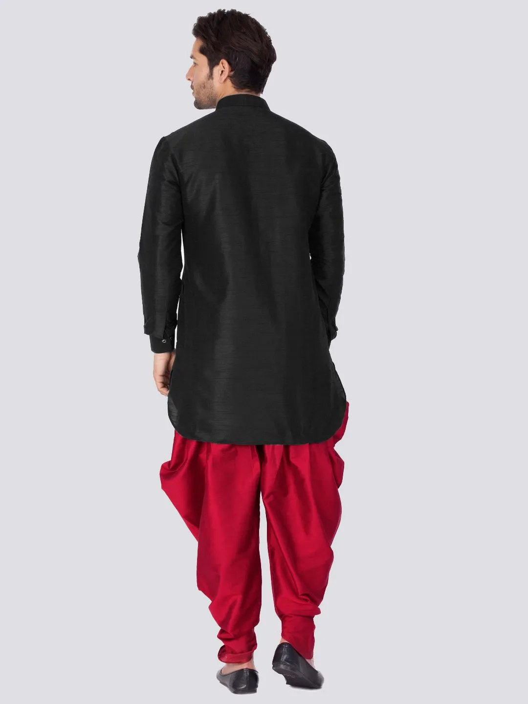 VASTRAMAY Men's Black Silk Blend Kurta Dhoti