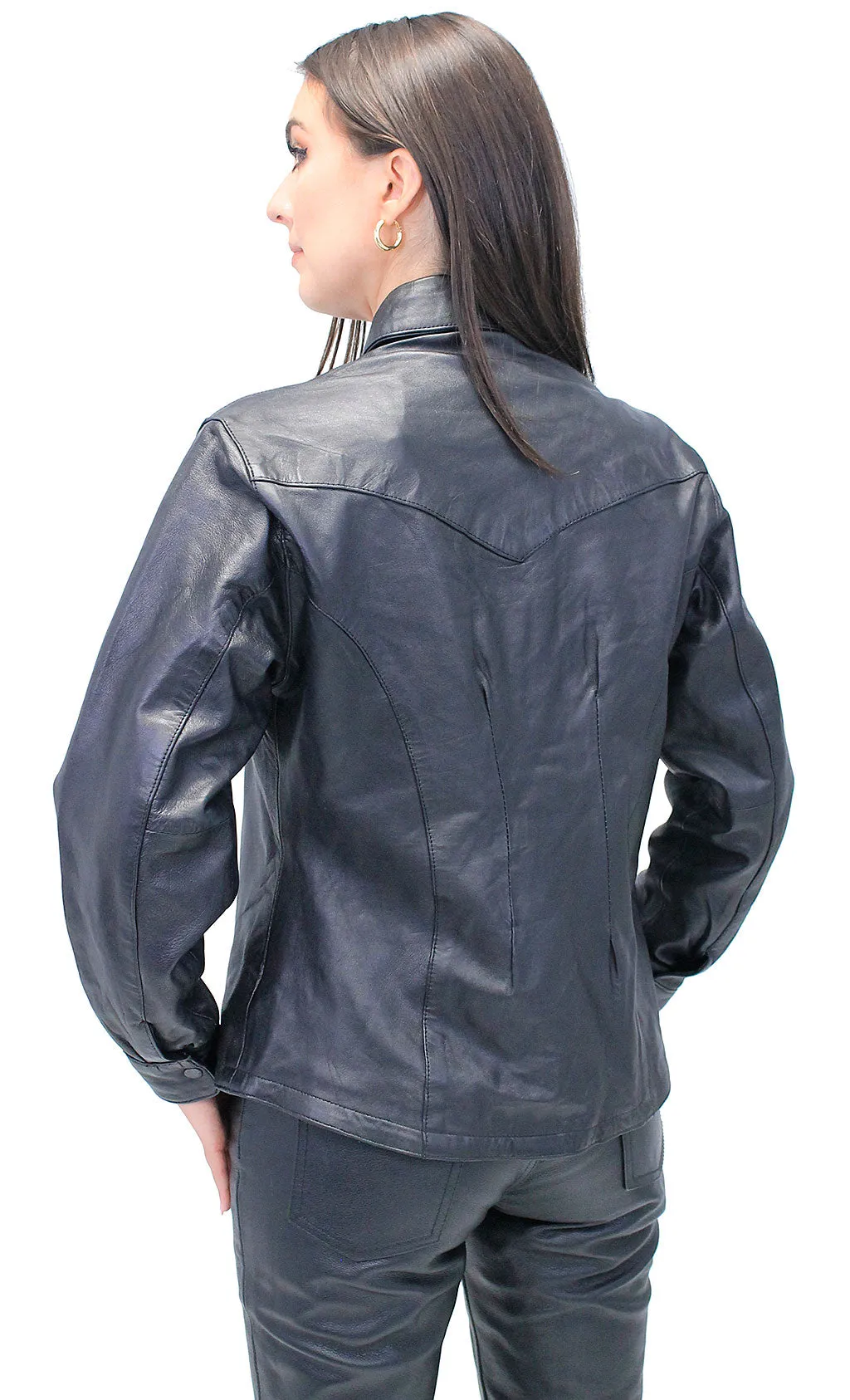 Women's Long Black Leather Shirt #LS42SK